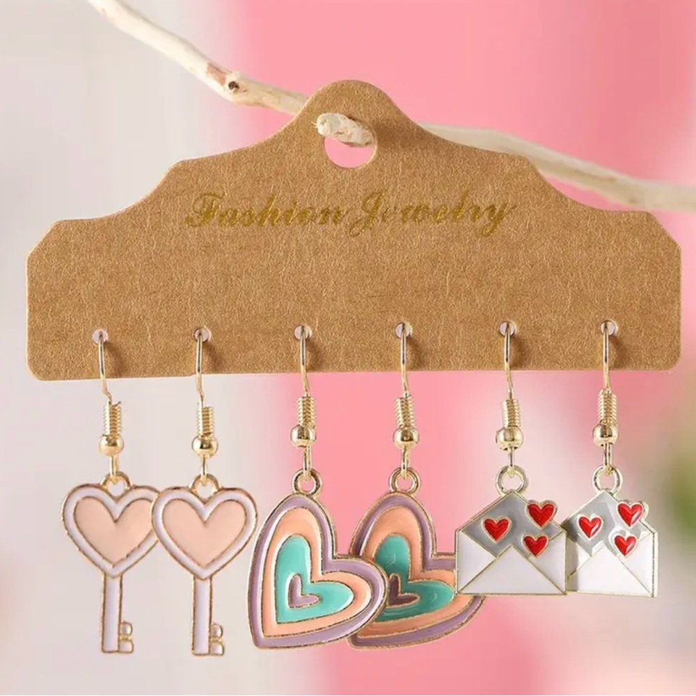 3 Pairs / Set Heart Key Love Envelope Design Enamel Dangle Earrings Retro